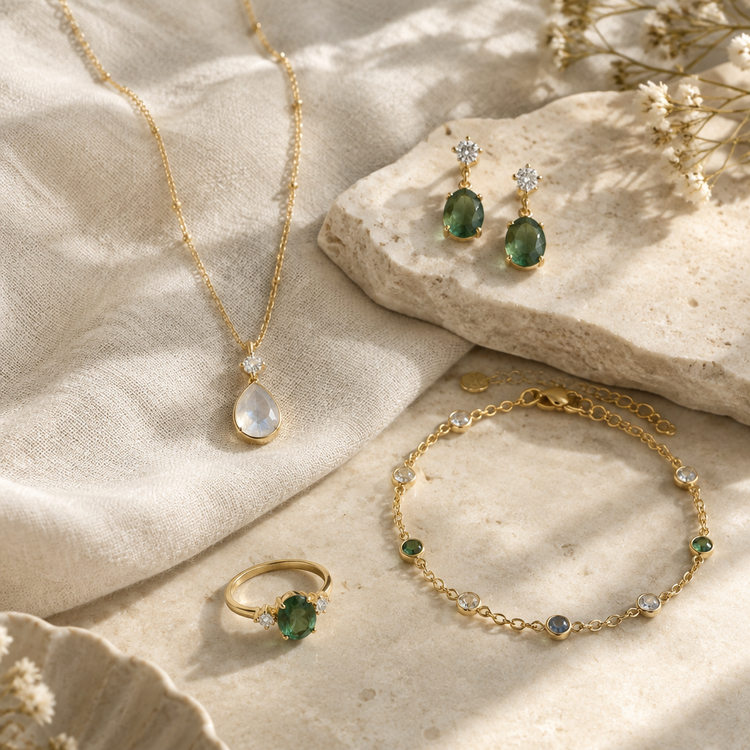 Jewellery collection image with necklace, earrings, bracelet and ring