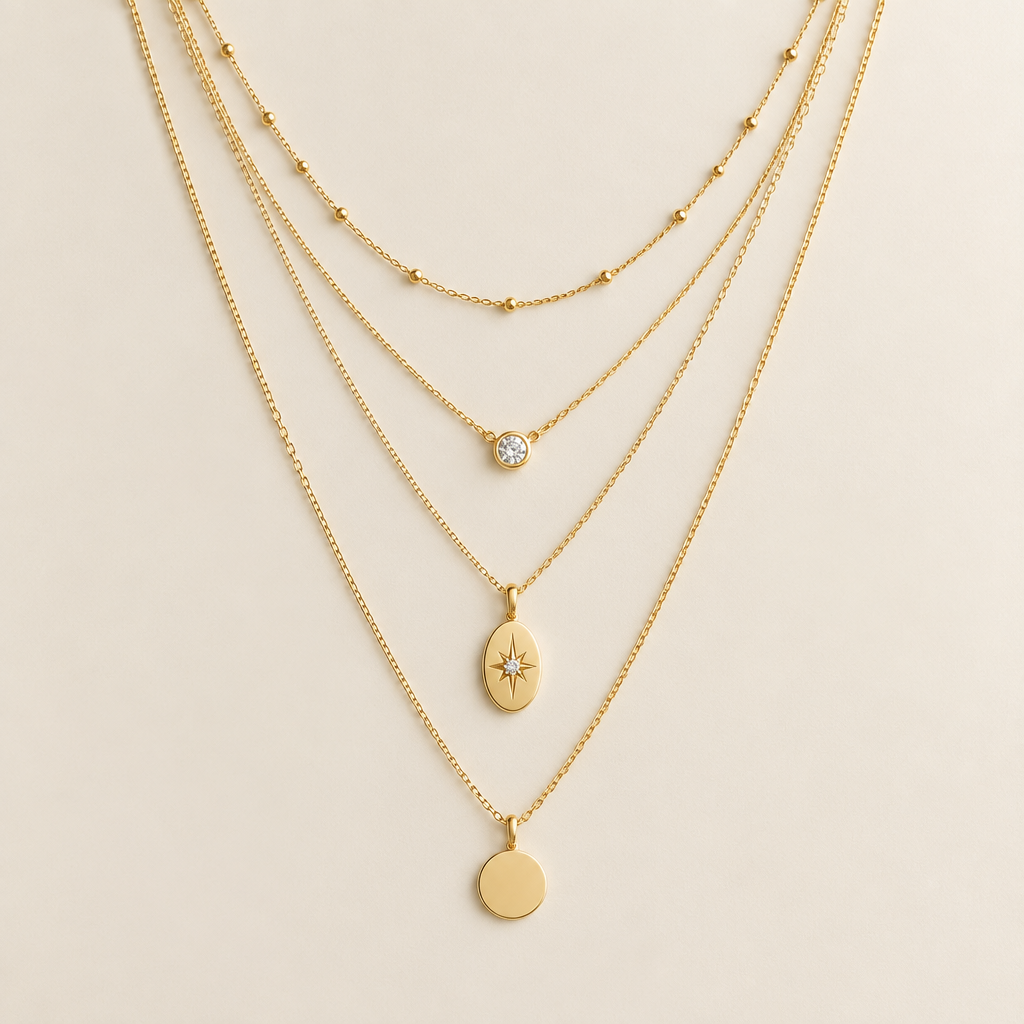 Layered gold necklace set on ivory background