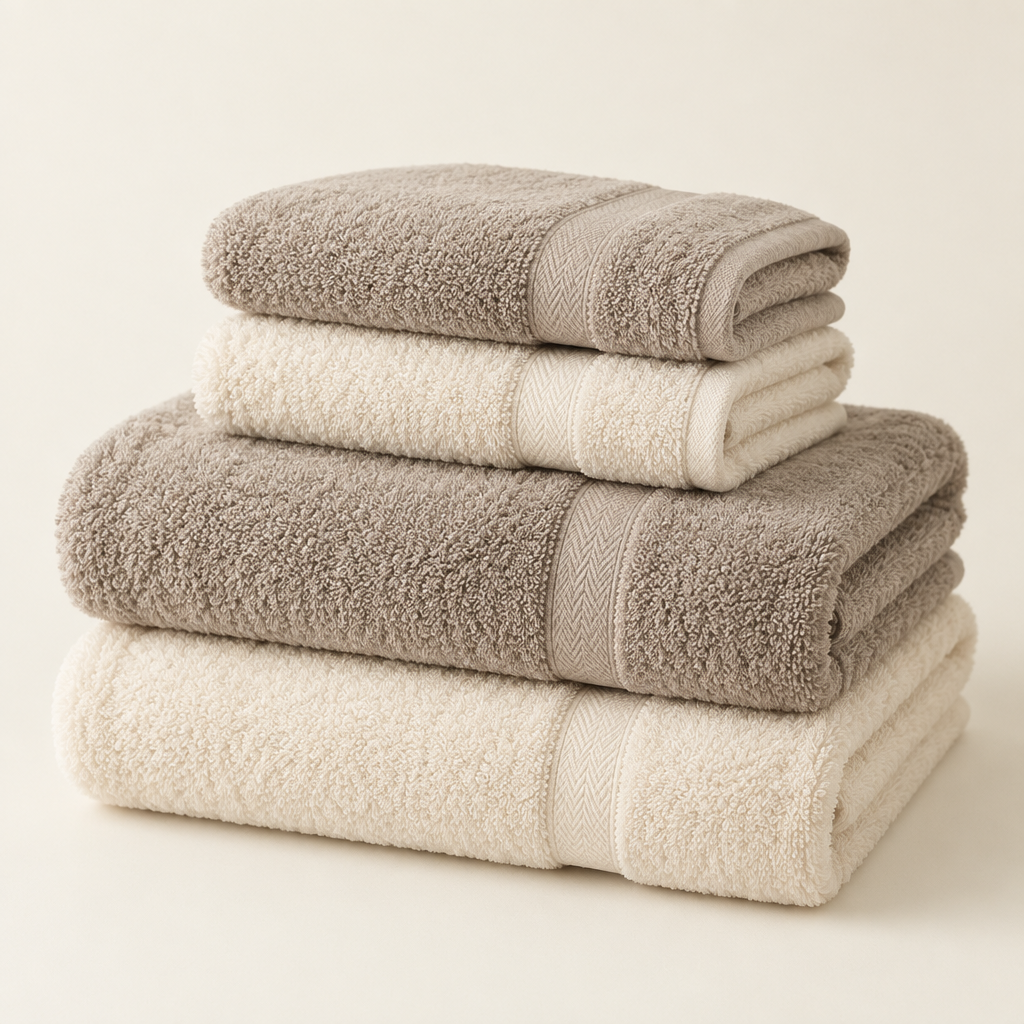 Folded plush cotton bath towels on ivory background