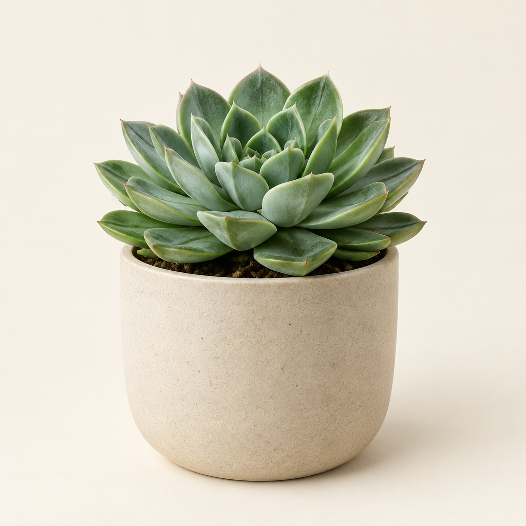 Potted green succulent plant on ivory background